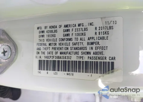 2011 Honda Accord 2.4 Lx z USA, uszkodzony, nr VIN 1HGCP2F36BA056352